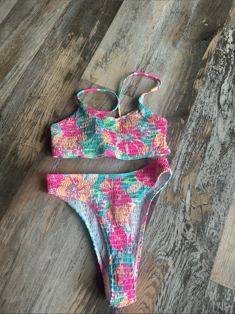 SHEIN Pink Teal Yellow Floral Smocked Bikini Set